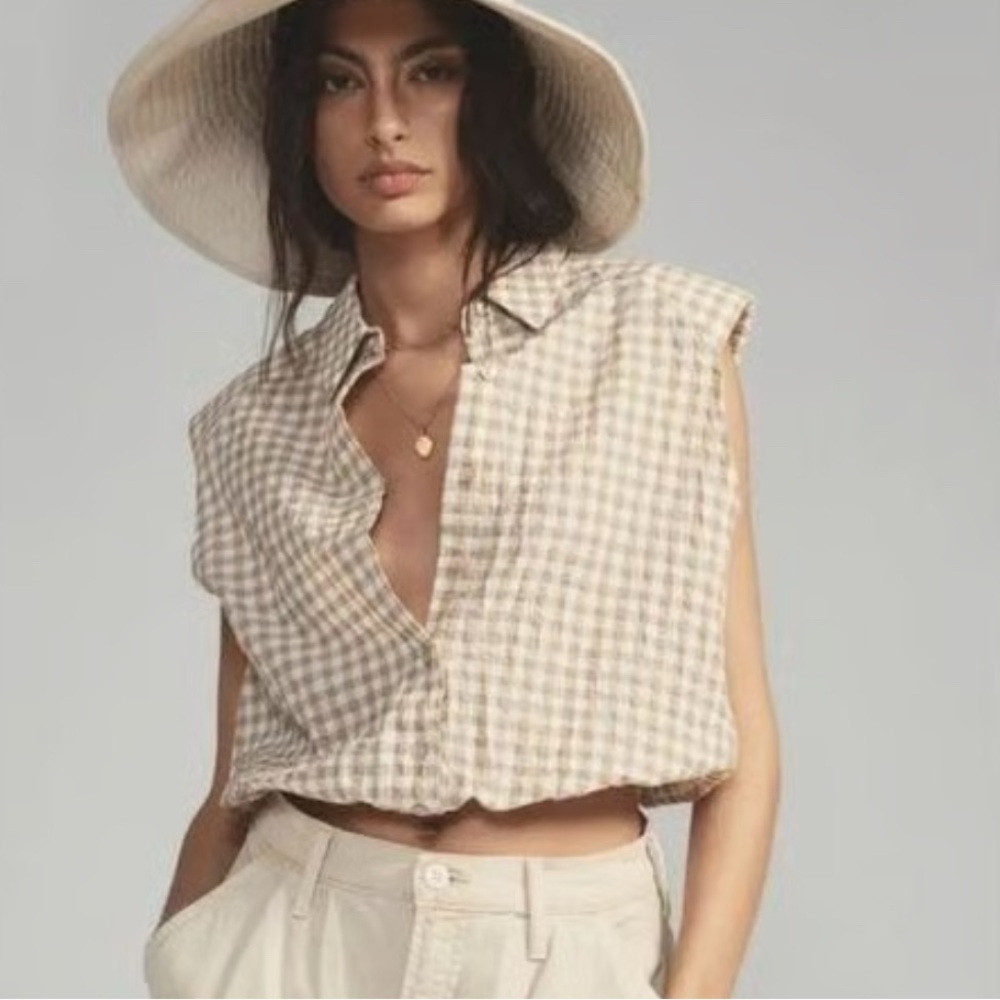 Anthropologie Tan and White Checkered Button Down Shirt​